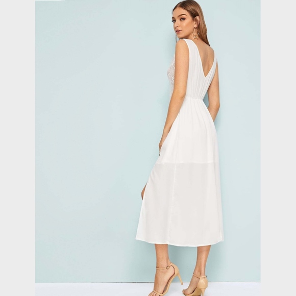 Lace Detail White Midi High Slit Dress - Picture 3 of 8